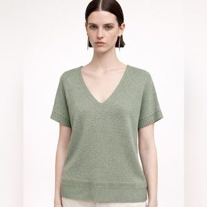 Joie sage green sweater top- shortsleeved.  Knit details.  Deep v front. M